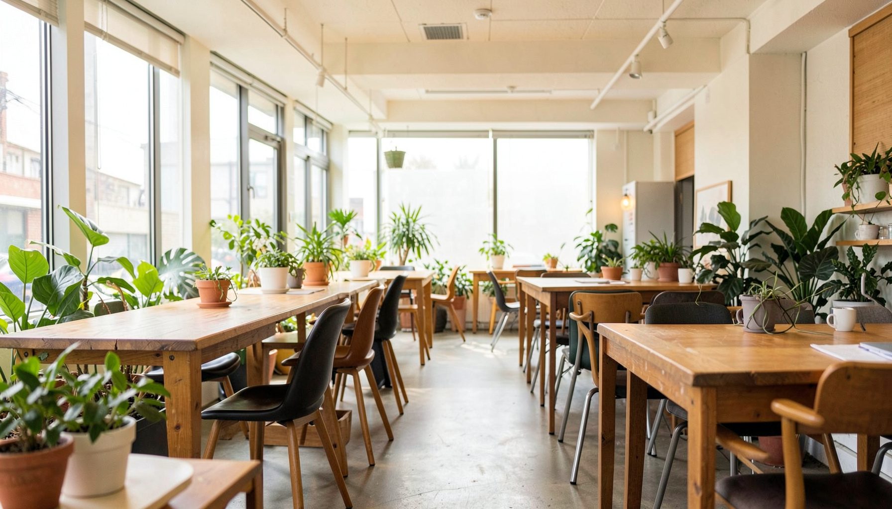 A bright, modern co-working space with wooden tables, green plants, and soft natural light streaming through large windows