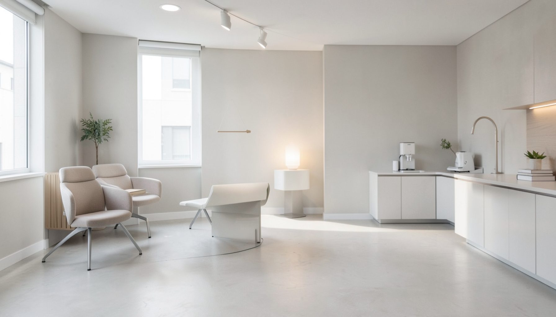 A calm, modern healthcare setting with soft neutral tones, clean lines, and a sense of quiet professionalism