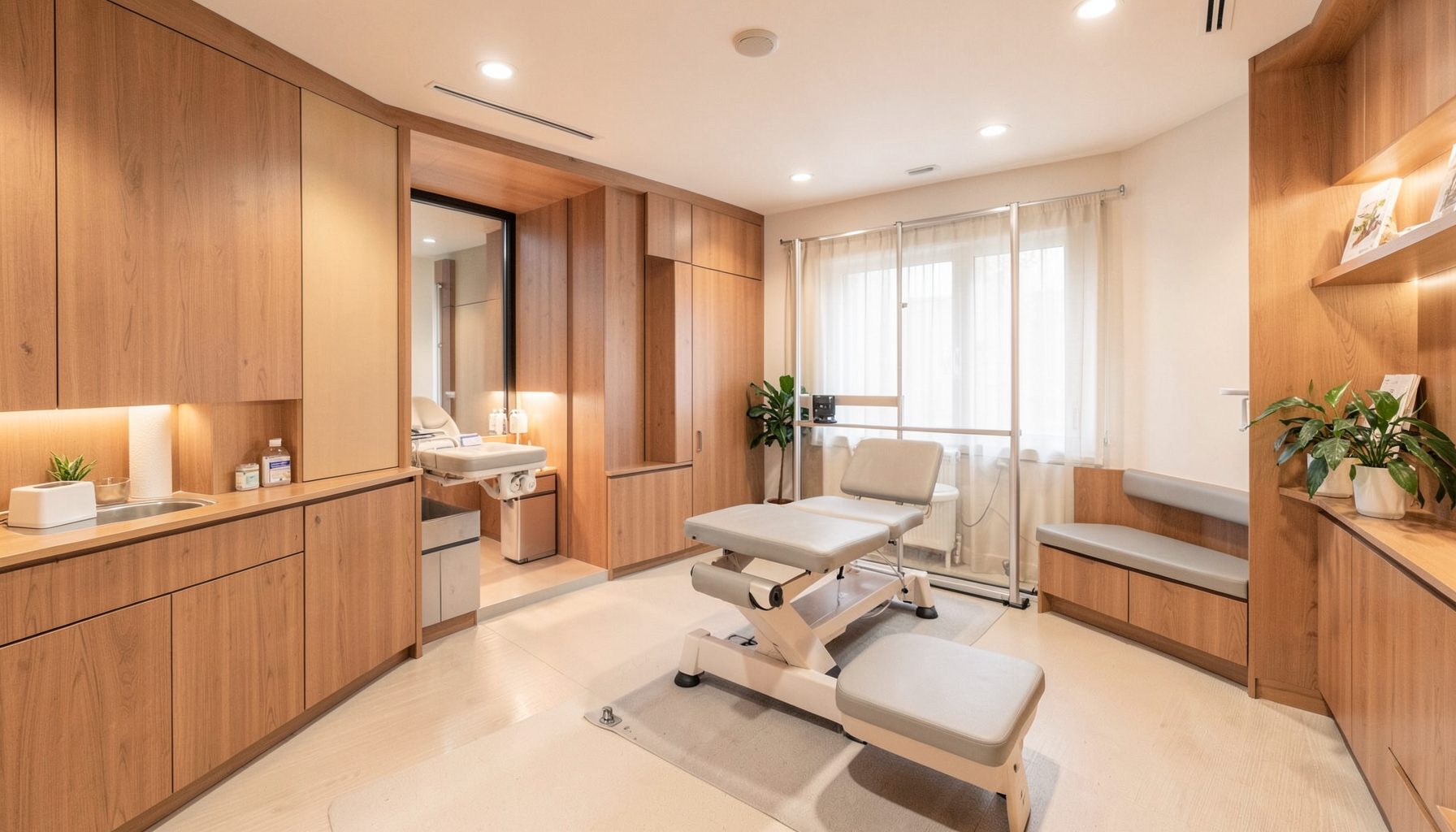A serene orthopedic clinic interior with warm wood accents, gentle lighting, and a welcoming rehabilitation space