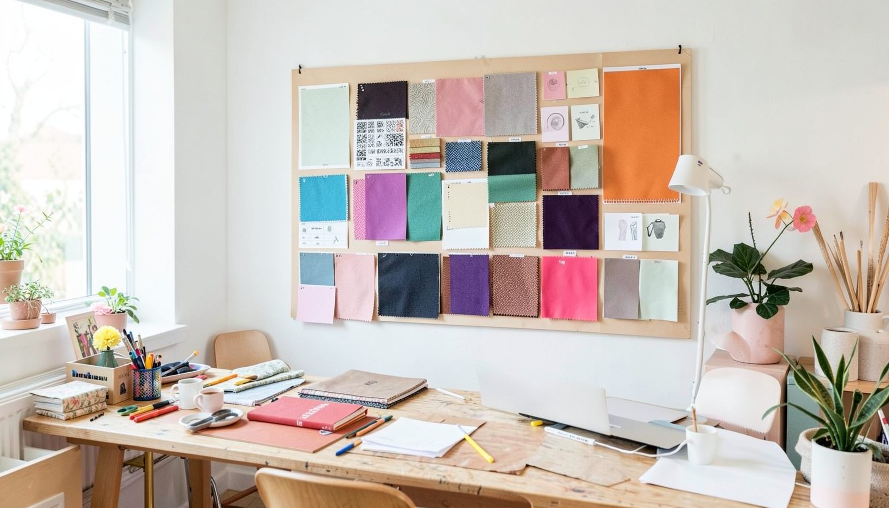 A stylish branding studio with a large mood board, fabric swatches, and a bright, creative workspace