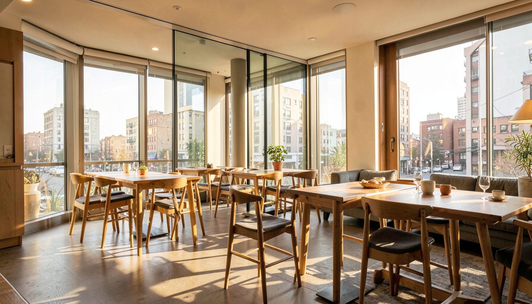 A sunlit modern lounge area with wooden tables and chairs, large windows showing city buildings, warm and inviting mood