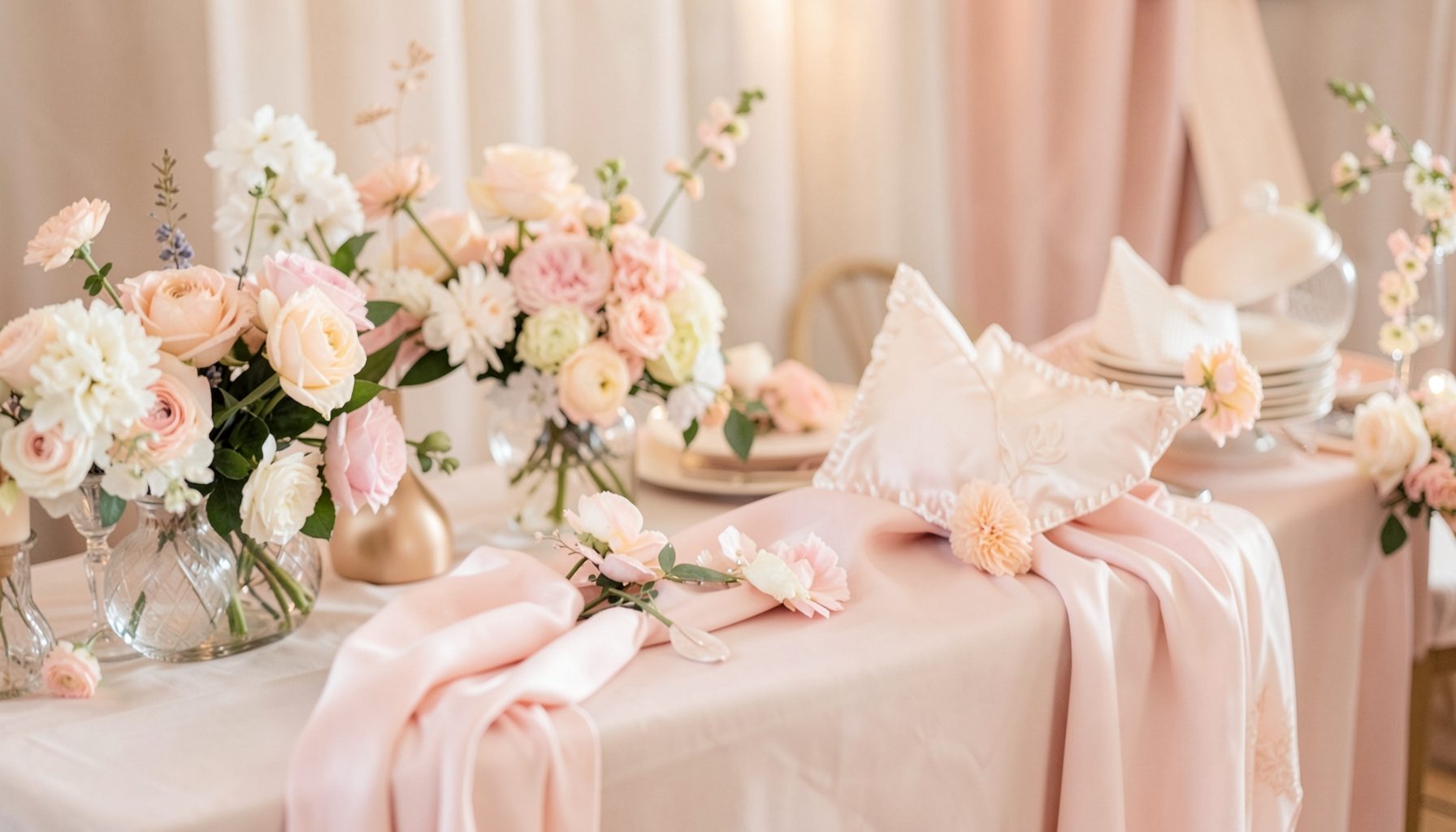 A warm, intimate wedding-planning scene with soft floral arrangements and delicate fabric details in pastel tones