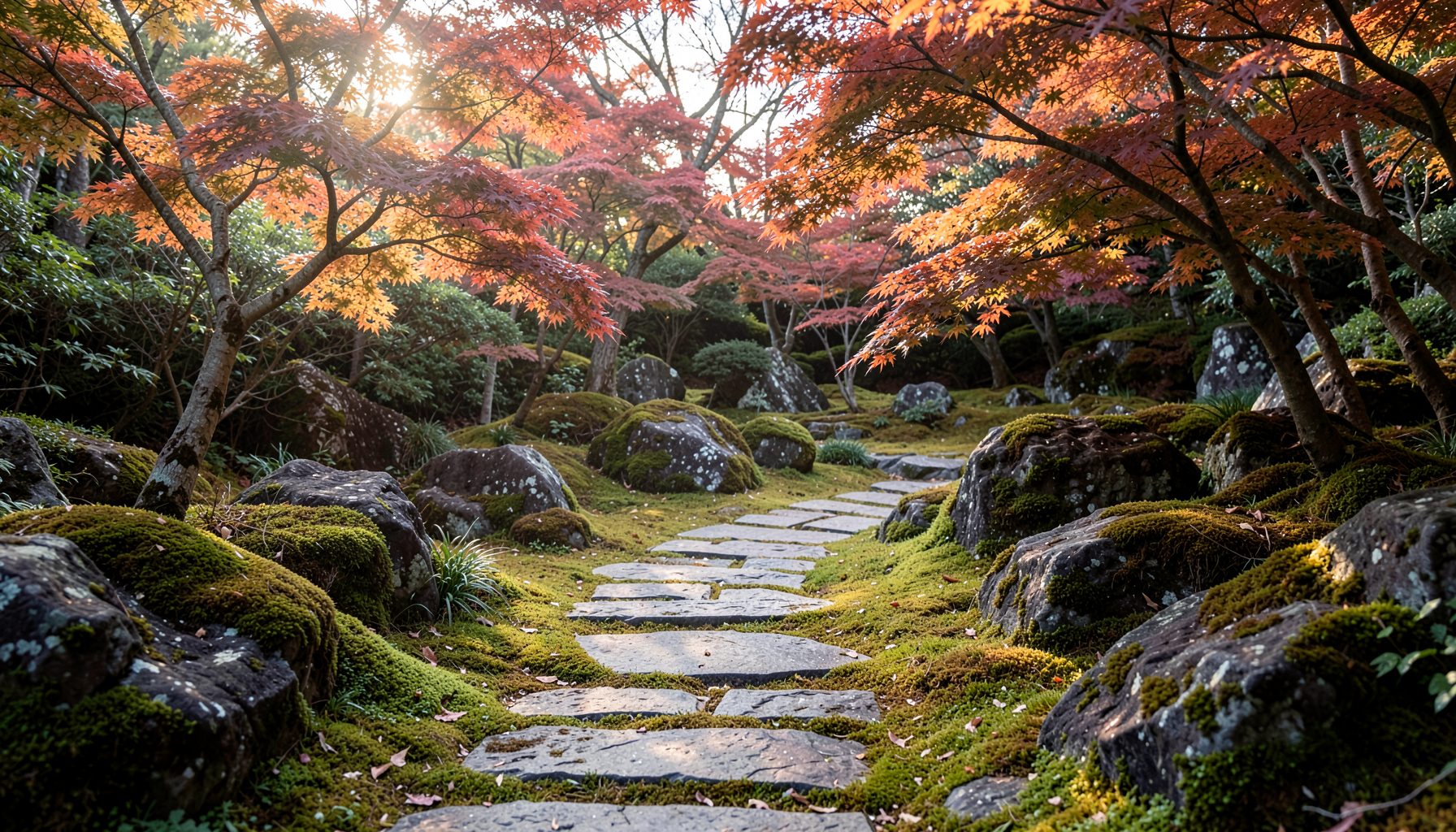 A stone path winding through a mossy garden lined with vivid red and orange autumn foliage and sunlight filtering through the trees
