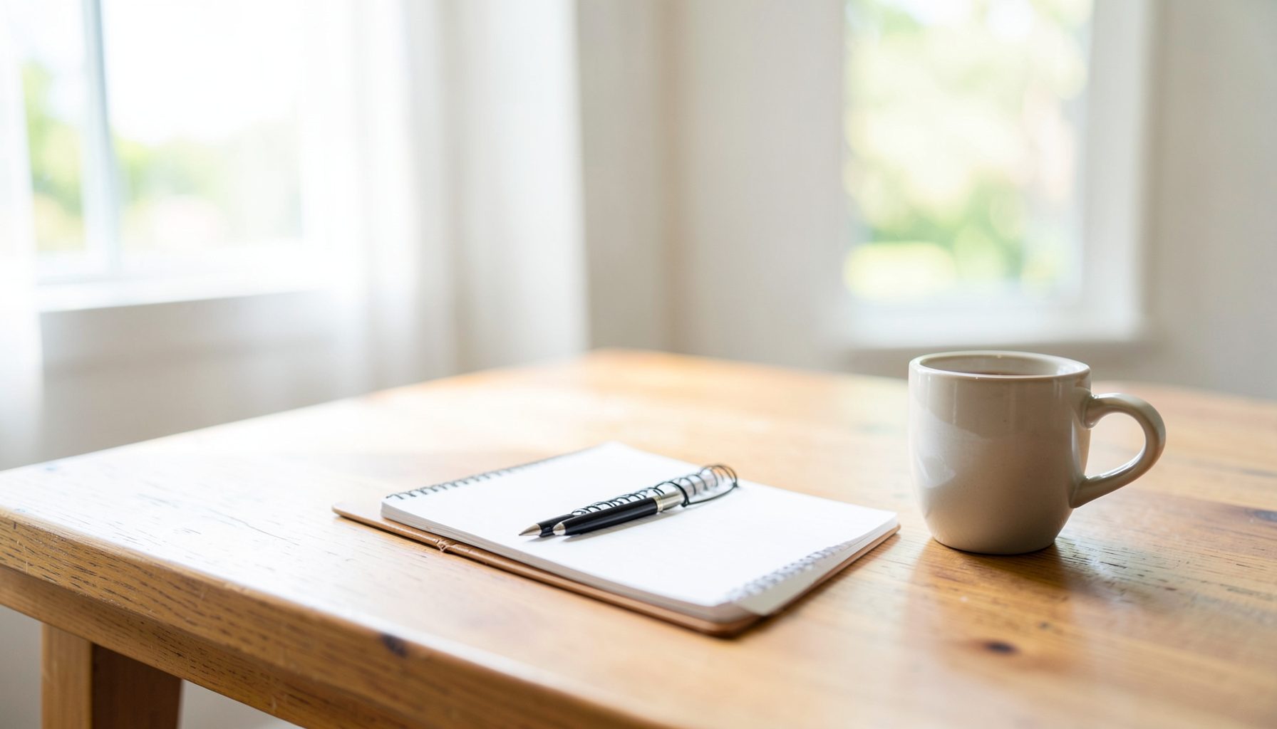 A wooden table with an open notebook, a pen resting on it, and a beige mug, near bright windows with sheer curtains