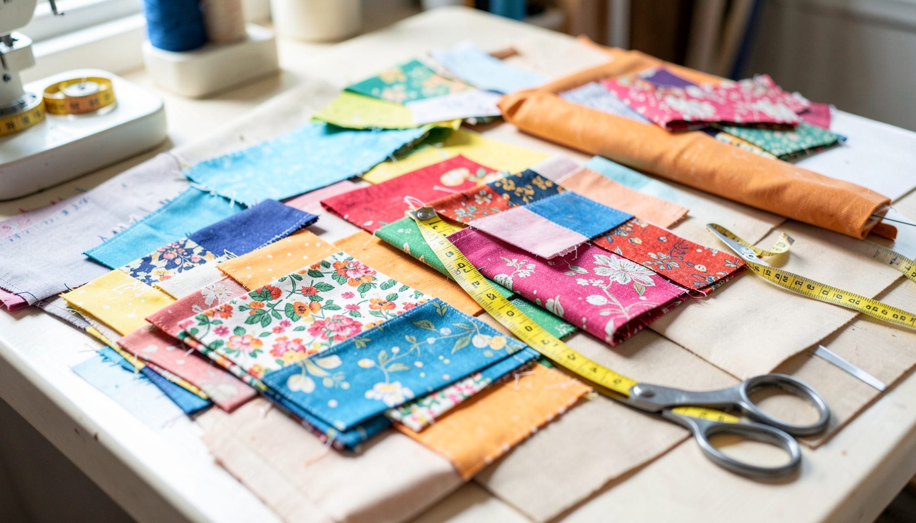 Colorful fabric swatches with floral patterns, scissors and measuring tape on a table, bright and creative mood