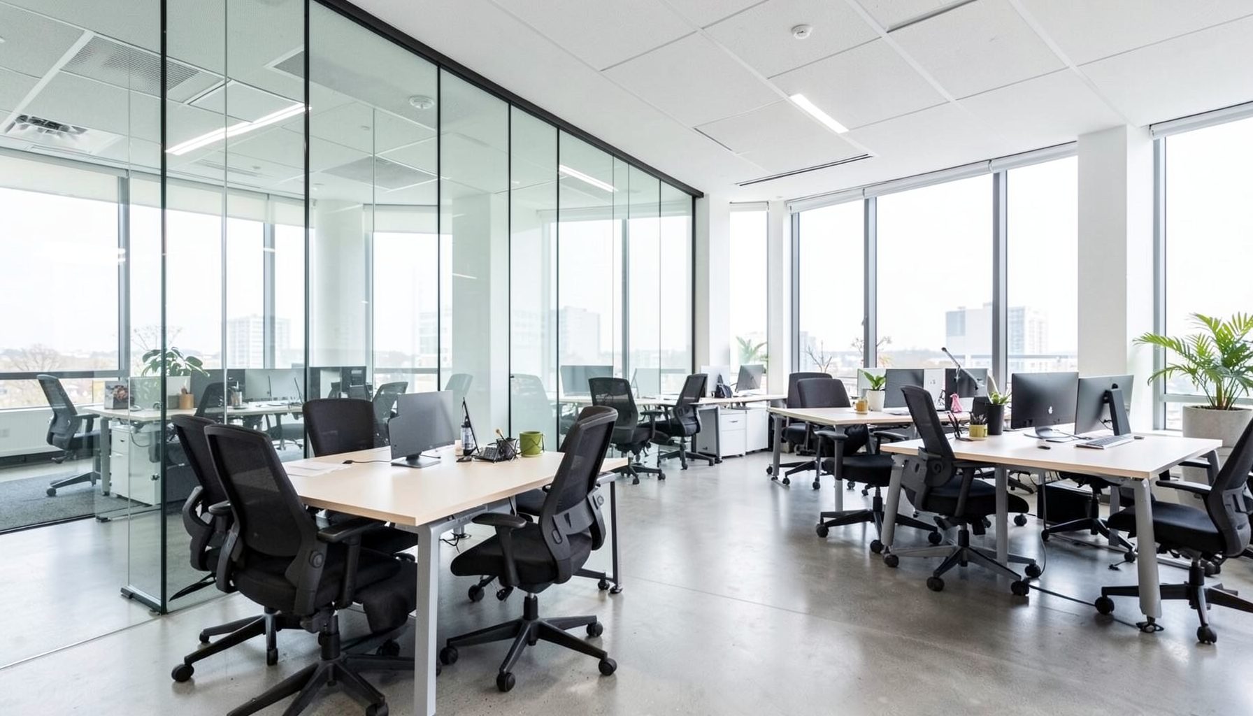 Modern open-plan office with desks, black chairs, computer monitors, and large windows overlooking a city, bright and professional