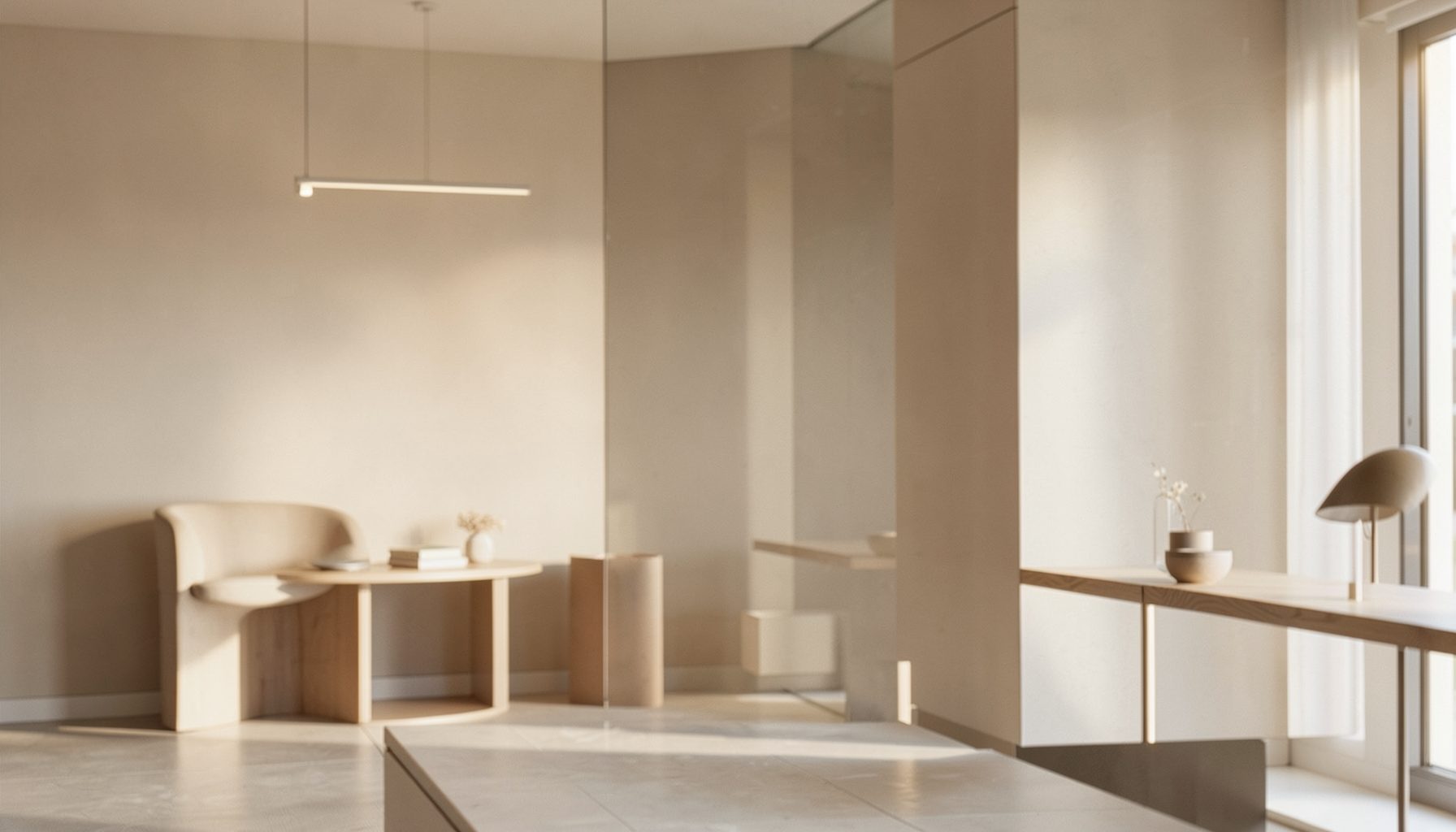 A minimalist beige-toned interior room with wooden furniture, a glass partition, soft lighting, and a small vase of flowers