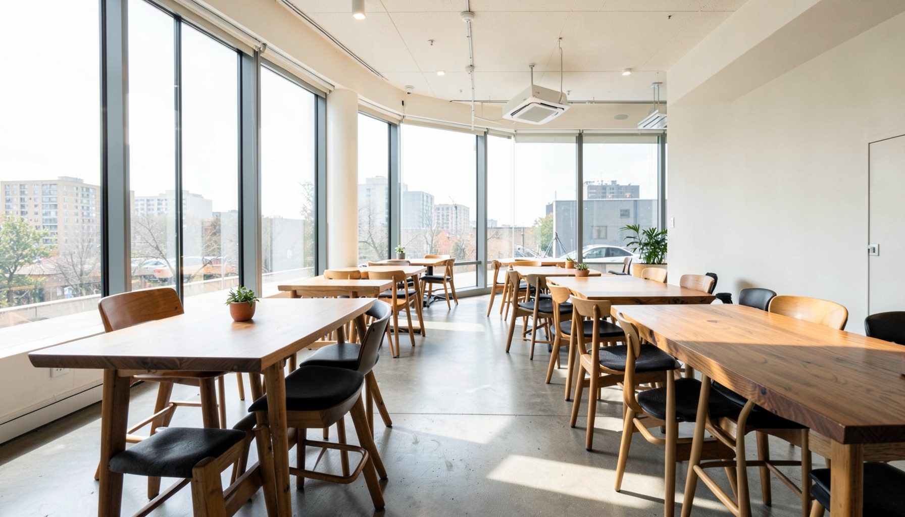 Sunlit dining or lounge area with wooden tables and chairs, large windows showing city buildings, warm and inviting mood